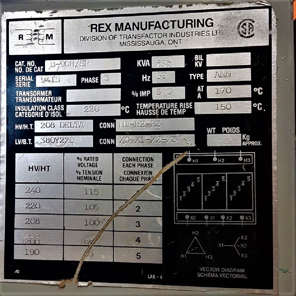 Rex 9KVA 208 / 380Y-220 V ANN Transformer – Coast Machinery Group