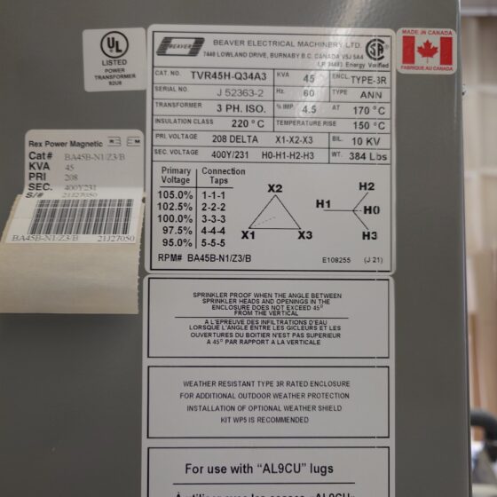 Beaver 45 KVA 208V-400/231V Transformer